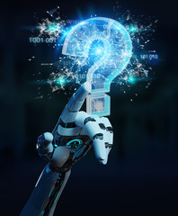 Fototapete - Cyborg solving problem with digital question marks 3D rendering