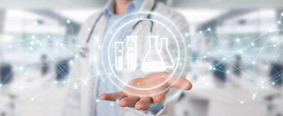 Leinwandbilder - Doctor holding digital analysis result icons 3D rendering