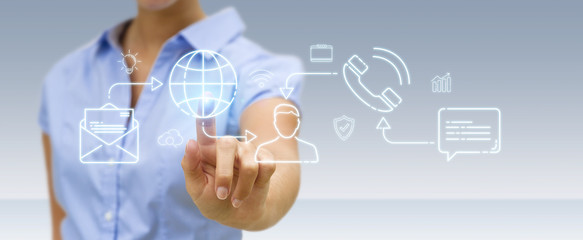 Businesswoman using thin line social network icons interface