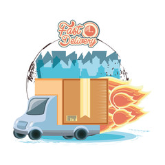 Sticker - fast delivery service with truck travel vector ilustration