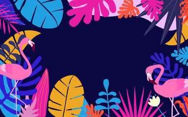 Tropical jungle leaves background with flamingos. Colorful tropical poster design. Exotic leaves, plants and branches art print. Flamingo bird wallpaper, fabric, textile vector illustration design