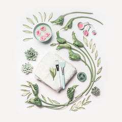 Wall Mural - natural spa and skin care composition with water bowl , flowers, green leaves, towel and accessories