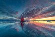 canvas print picture - Greenland midnight Sunrise mirror panorama with red sail ship	