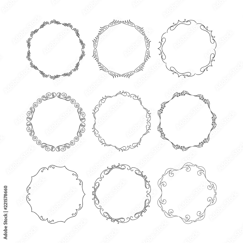 Hand drawn set of round frames. Vector isolated. Fancy design elements ...