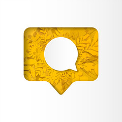 Social network yellow icon new comment with white plants, grass, leaves and flowers, paper cut style