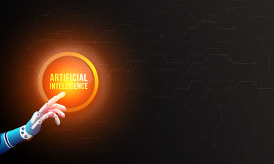 Wall Mural - future concept for artificial intelligence. robotic hand is touching an artificial intelligence disp