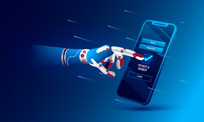 Wall Mural - robotic hand clicking on captcha 'i am not a robot'. artificial intelligence, system hacking concept