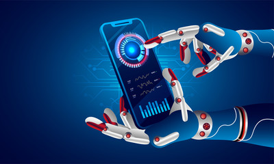Wall Mural - future concept for artificial intelligence and virtual world. robotic hand is touching a virtual spa