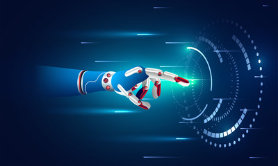 Wall Mural - future concept for artificial intelligence and virtual world. robotic hand is touching a virtual spa