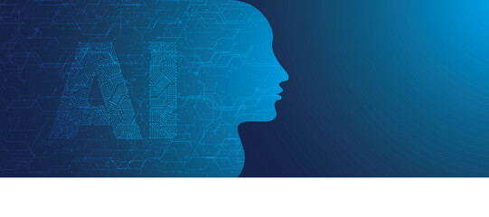 Wall Mural - future of artificial intelligence (ai), human face with ai text made by digital circuit on blue back
