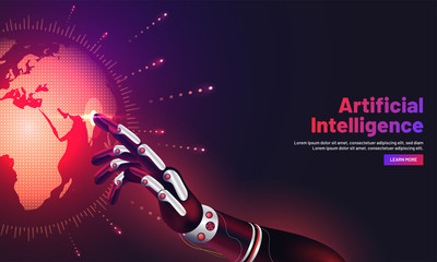 Wall Mural - artificial intelligence era or virtual reality concept with human hands touching globe, global deep 