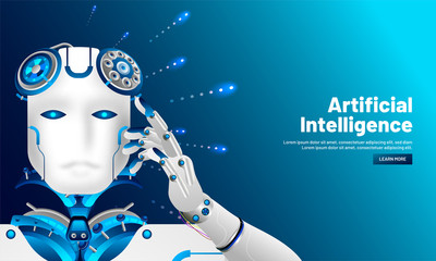 Wall Mural - artificial intelligence (ai) responsive web template design, cyborg thinking on shiny blue backgroun