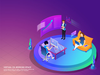 Canvas Print - People working together through internet, Virtual Co-Working concept based isometric design.