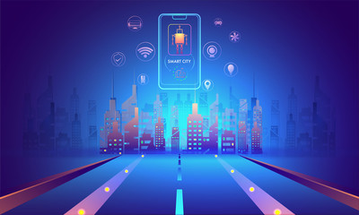 Smart City futuristic concept, illustration of urban landscape with multiple smart services with smartphone on shiny blue background.