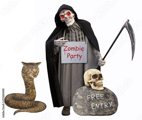 Photographie The cat snake is next to the grim reaper with a sign around his neck Zombie Party