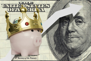 Wall Mural - Piggy bank with a hundred dollar bill with an arrow up. The concept of capital growth