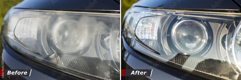 Polishing the optics of car headlamps. Effect Before and after the effect of polishing - obrazy, fototapety, plakaty 