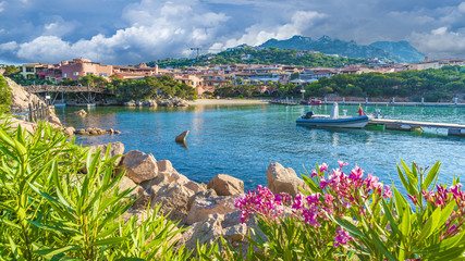 Wall Mural - view of harbor and village porto cervo, olbia tempio region, sardinia island, italy