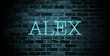 first name Alex in blue neon on brick wall