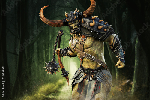 Fotografía Savage Orc Brute running into battle wearing traditional armor and equipped with a flail weapon