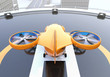 Rear view of yellow Passenger Drone Taxi on helipad. 3D rendering image.