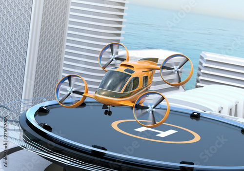 Fotografía Metallic gray Passenger Drone Taxi takeoff from helipad on the roof of a skyscraper