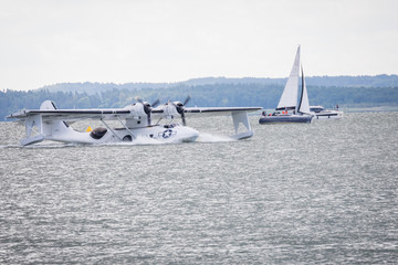 Flight Boat Consolidated PBY Catalina at Air Show Mazury 2018 event at the lake Niegocin in Gizycko. Poland.