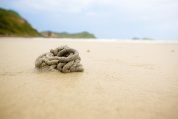 burrow of ghost crab on sand beach. art architecture from nature live. crabs hole and sand ball. natural art on sea beach. image for background, wallpaper and copy space.