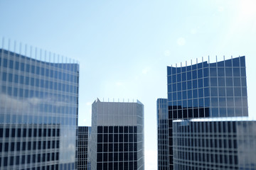 3D illustration Low angle view of skyscrapers. Skyscrapers at in day looking up perspective. Bottom view of skyscrapers in business district in daylight. Business concept of success