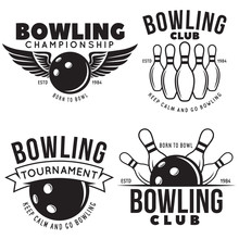 Set Of Vector Vintage Monochrome Style Bowling Logo, Icons And Symbol. Bowling Ball And Bowling Pins Illustration. Trendy Design Elements.