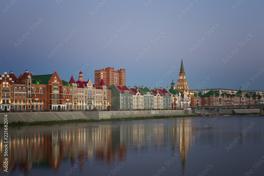 Yoshkar Ola city. Mari El, Russia. Bruges Quay in the city of Yoshkar-Ola in sunset - obrazy, fototapety, plakaty 
