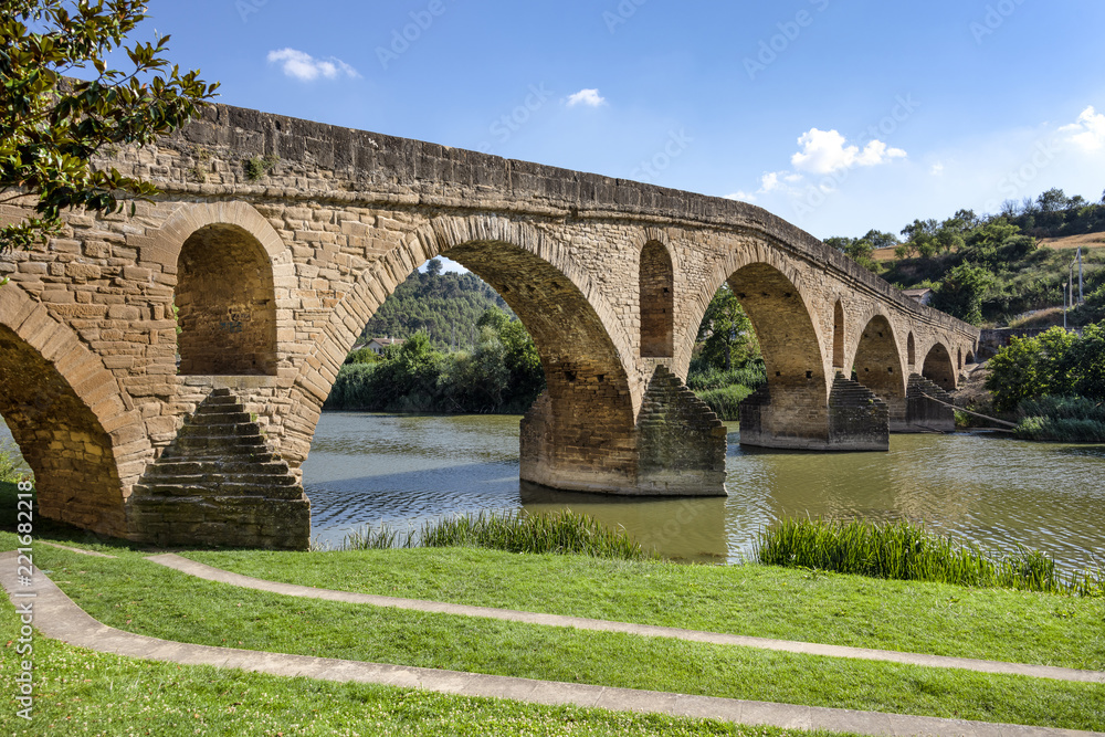 Romanesque Bridge Spain, Puente La Reina, Gares: Panoramic view of famous romanesque ...