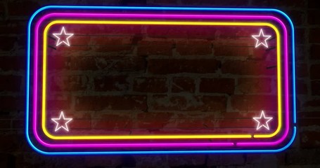 Wall Mural - Neon background light frame on brick wall 4K loopable animation. 3D flight over electric rectangles and stars on wall concept. Retro style textless seamless motion background.