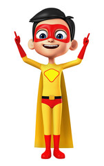 Wall Mural - Boy in superhero costume points with thumbs up on white background. 3d render illustration.