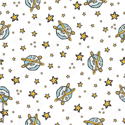 Cosmic Space Background Seamless Vector Pattern Hand Drawn Galaxy