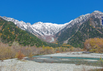 landscape view of japan alps mountain with natural forest, blue river on autumn season at kamikochi Nagano.