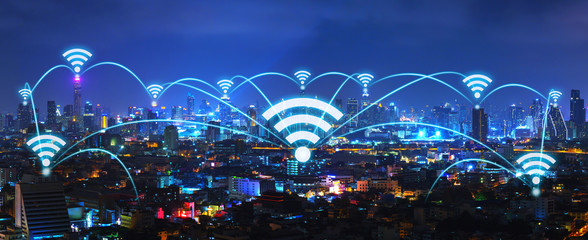 Fototapete - Wireless network and connection city