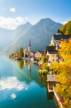 Famous Hallstatt Village In Alps Mountains, Austria. Beautiful Autumn Landscape
