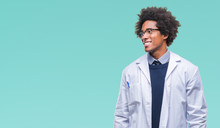 Afro American Doctor Scientist Man Over Isolated Background Looking Away To Side With Smile On Face, Natural Expression. Laughing Confident.