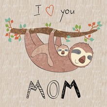 Baby Shower Cards. Vector Sloth Mom And Baby