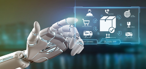 Wall Mural - cyborg hand holding a logistic delivery application screen 3d rendering
