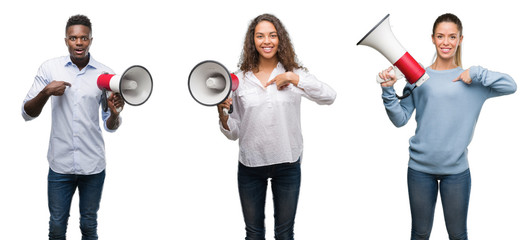 Wall Mural - Collage of young people yelling through megaphone over isolated background with surprise face pointing finger to himself