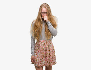 Poster - Blonde teenager woman wearing flowers skirt feeling unwell and coughing as symptom for cold or bronchitis. Healthcare concept.