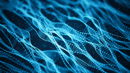 Fototapete - Molecular background with DNA. Network concept with connecting dots and lines. Abstract particles. Big data visualization. Sound wave. 3d rendering.