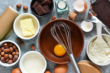 Wall Mural - Ingredients for cooking Brownie. A classic American dessert. Cooking process pie.