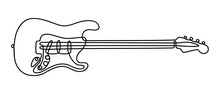 One Line Drawing Of A Musical Stringed Electric Guitar Instrument Isolated On White Background.