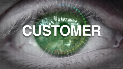 Wall Mural - Close up of an eye focusing on Customer concept on a futuristic screen.