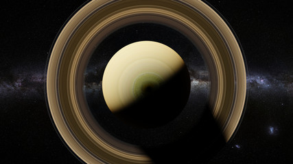 Wall Mural - planet Saturn, the sixth planet in the Solar System, top view with Milky Way