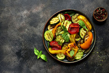 Grilled Vegetables (  Colorful Bell Pepper, Zucchini, Eggplant ) With Basil And Dry Herbs.Top View.