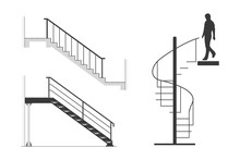 Set Of Steel Stair With Silhouette Of Man Go Down Spiral Staircase, Vector Illustration